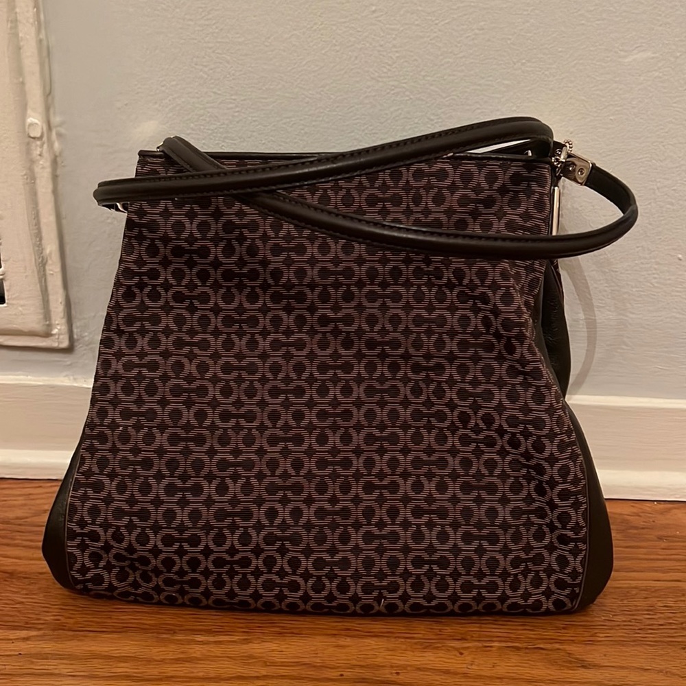 Coach brown leather and woven shoulder bag